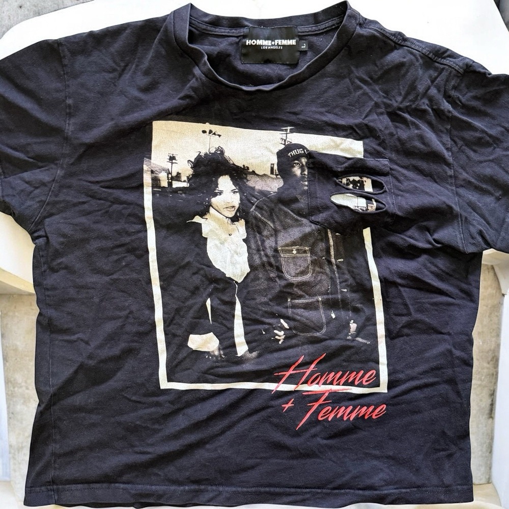 Homme + Femme LA Graphic Tee Summer 2017 Distressed Ripped Streetwear Size L